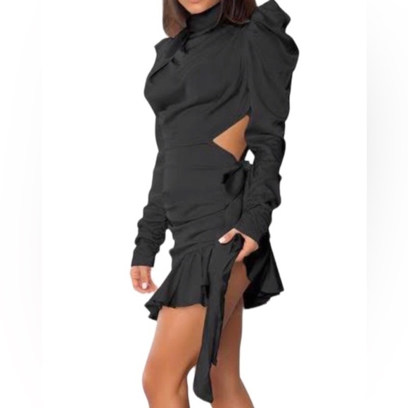 Thrilling Change Bodycon Assymetric Mini Ruffles Cinch Black Wednesday Dress M - Picture 7 of 9